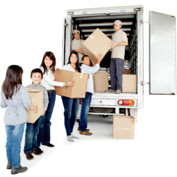 family taking boxes into a moving truck rental