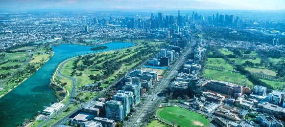 aerial view of melbourne skyline from helicopter