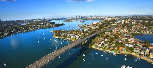 aerial view of victoria road bridge in sydney
