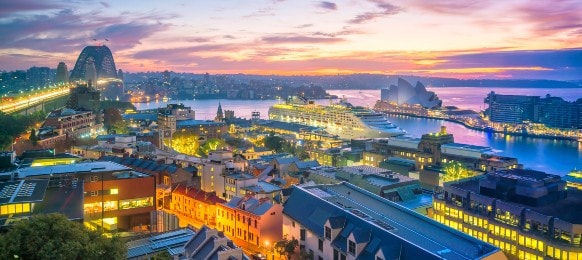 colourful lights of sydney skyline at twilight
